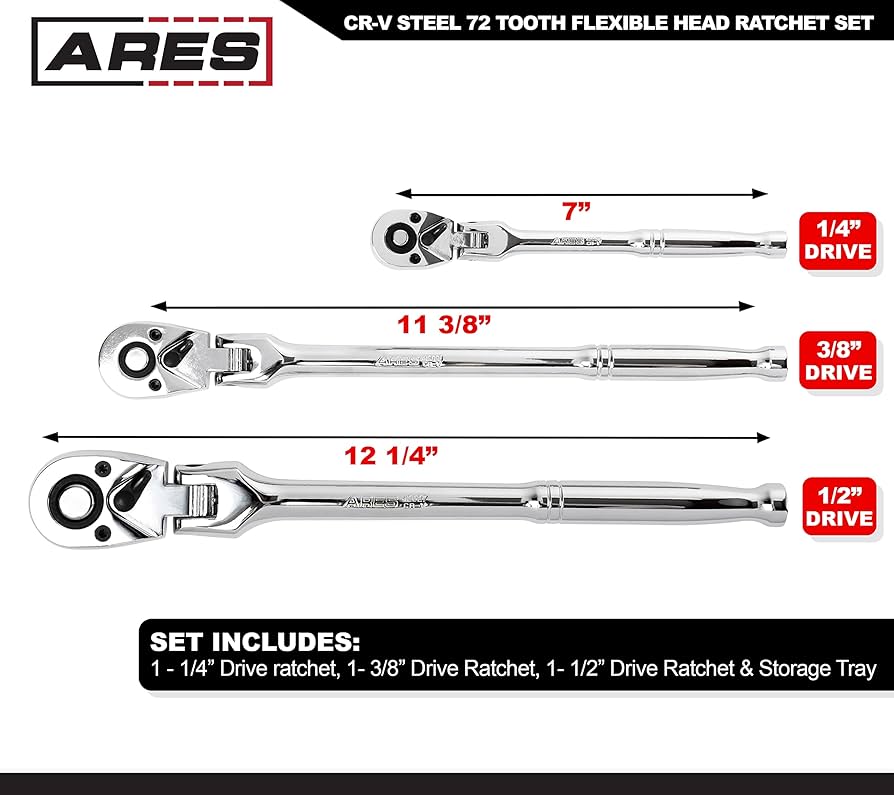 ARES 42028 - Flex Head Ratchet Set - 3-Piece 72-Tooth